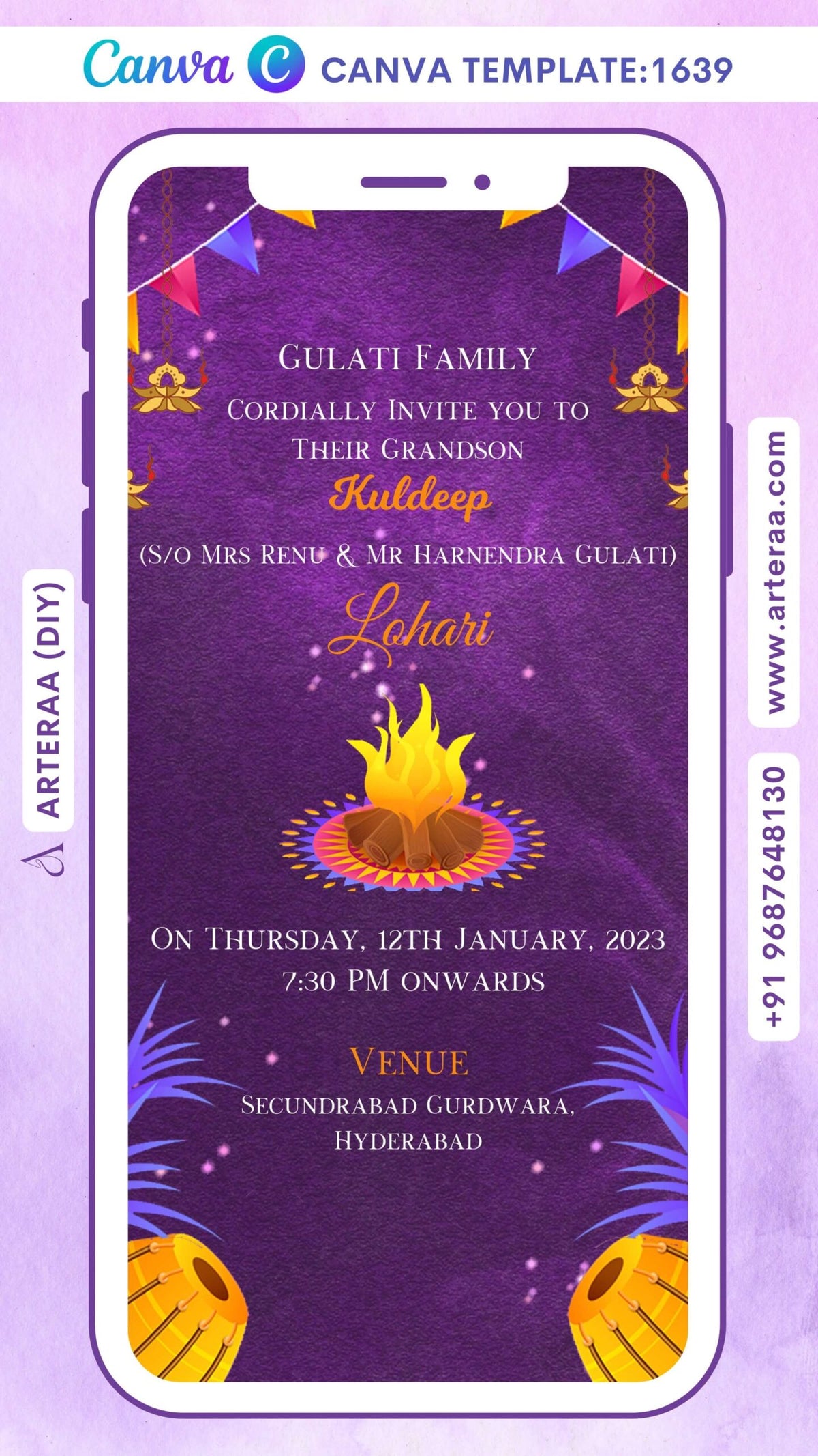 Lohri invitation Canva Editable video Template in english language with bonfire, tabla, hanging, toran as traditional theme design 1639