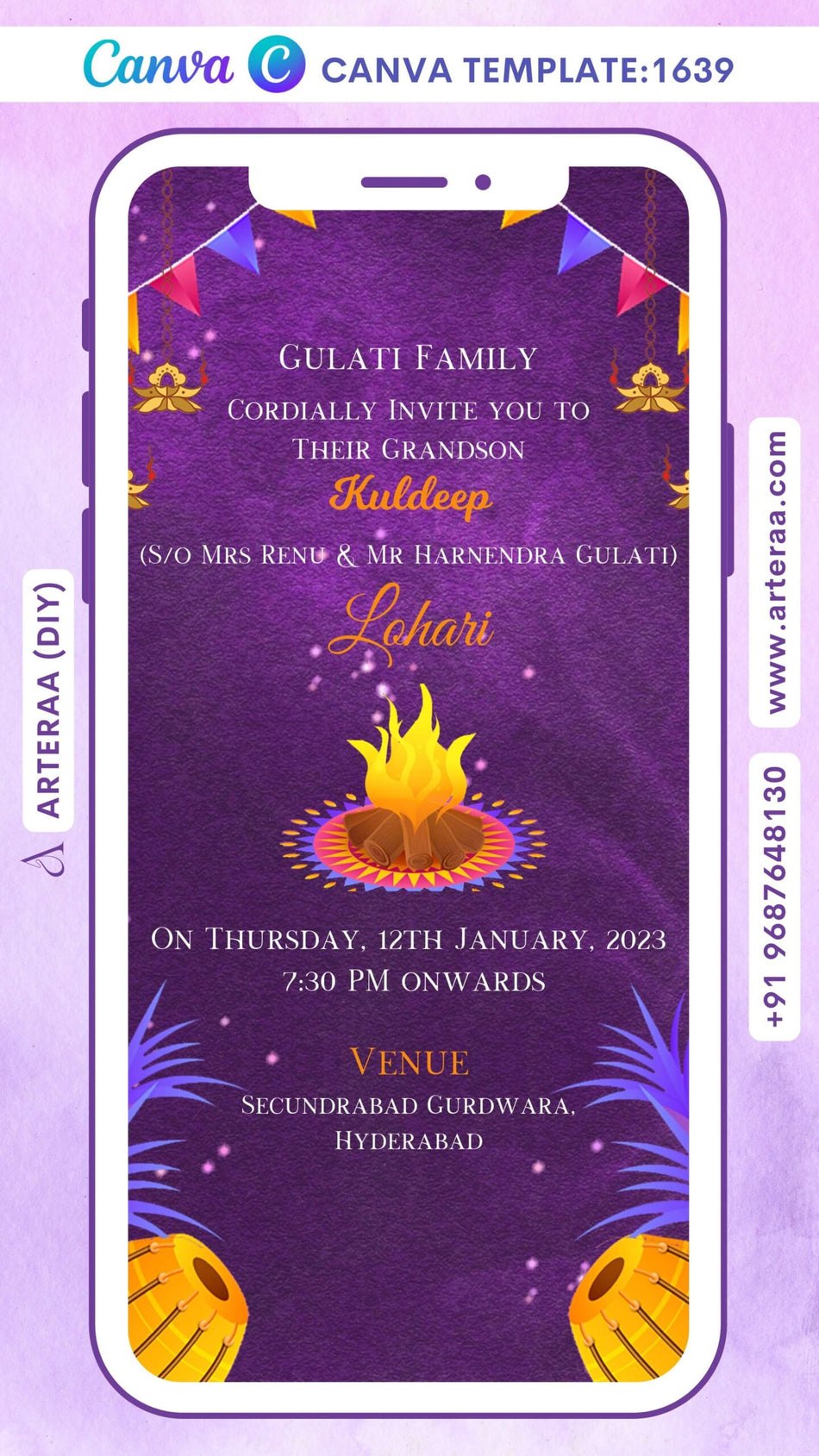 Lohri invitation Canva Editable video Template in english language with bonfire, tabla, hanging, toran as traditional theme design 1639