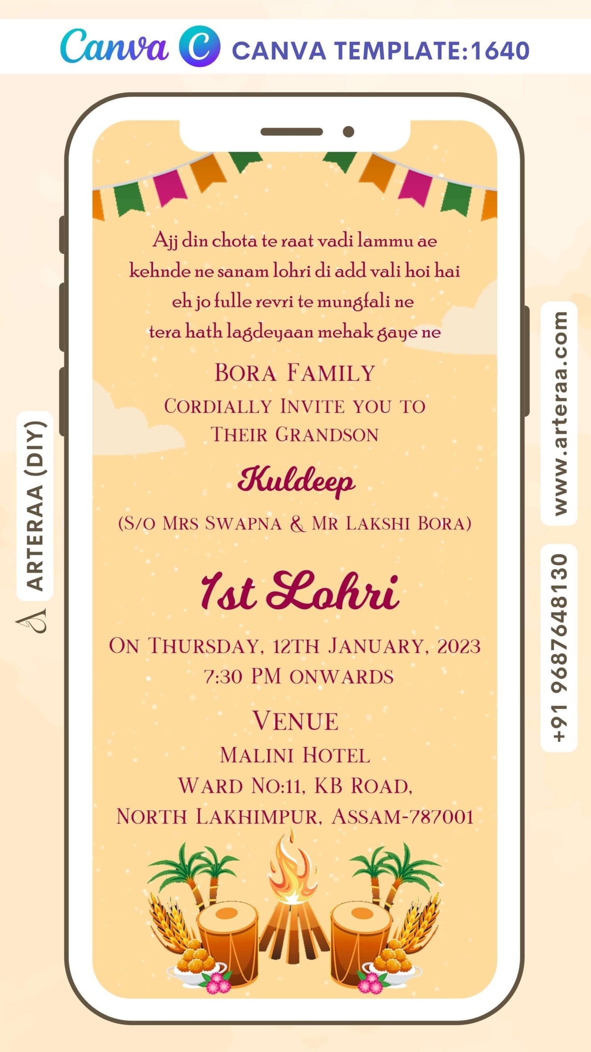 Lohri invitation card Canva Editable Template in english language with bonfire, tabla, cloud, toran as minimalistic theme design 1640