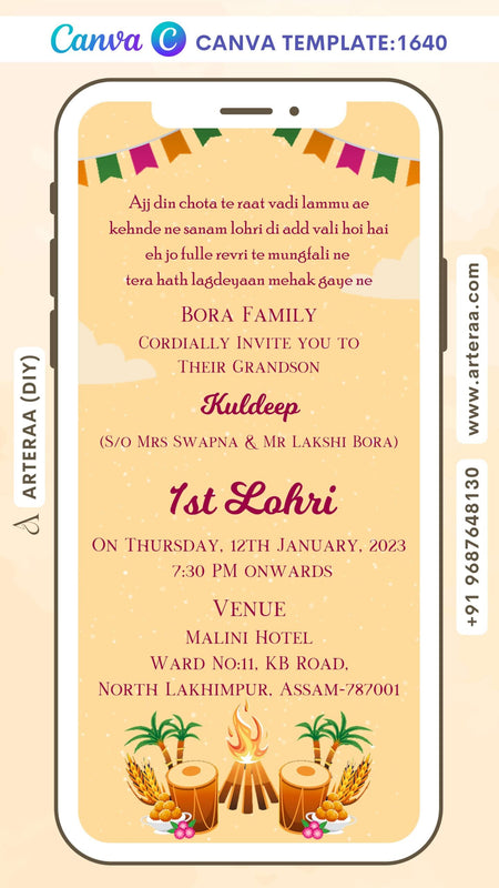 Lohri invitation card Canva Editable Template in english language with bonfire, tabla, cloud, toran as minimalistic theme design 1640