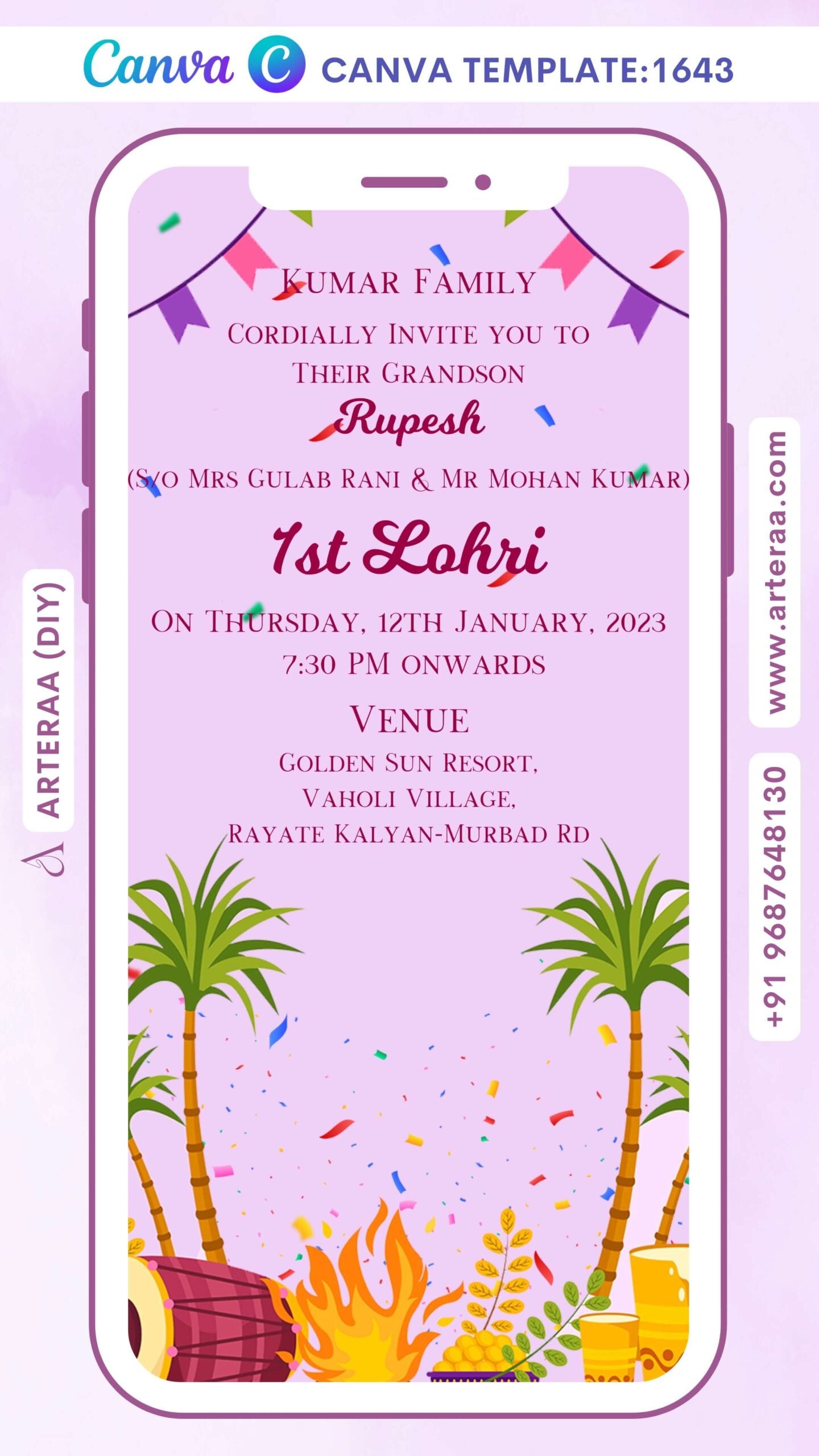 Lohri invitation Canva Editable video Template in english language with bonfire, dholki, tree, glass, toran as minimalistic theme design 1643