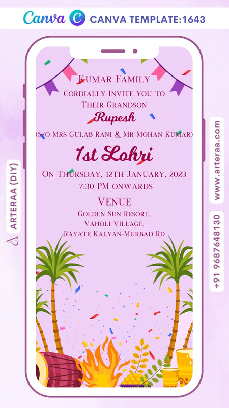 Lohri invitation Canva Editable video Template in english language with bonfire, dholki, tree, glass, toran as minimalistic theme design 1643
