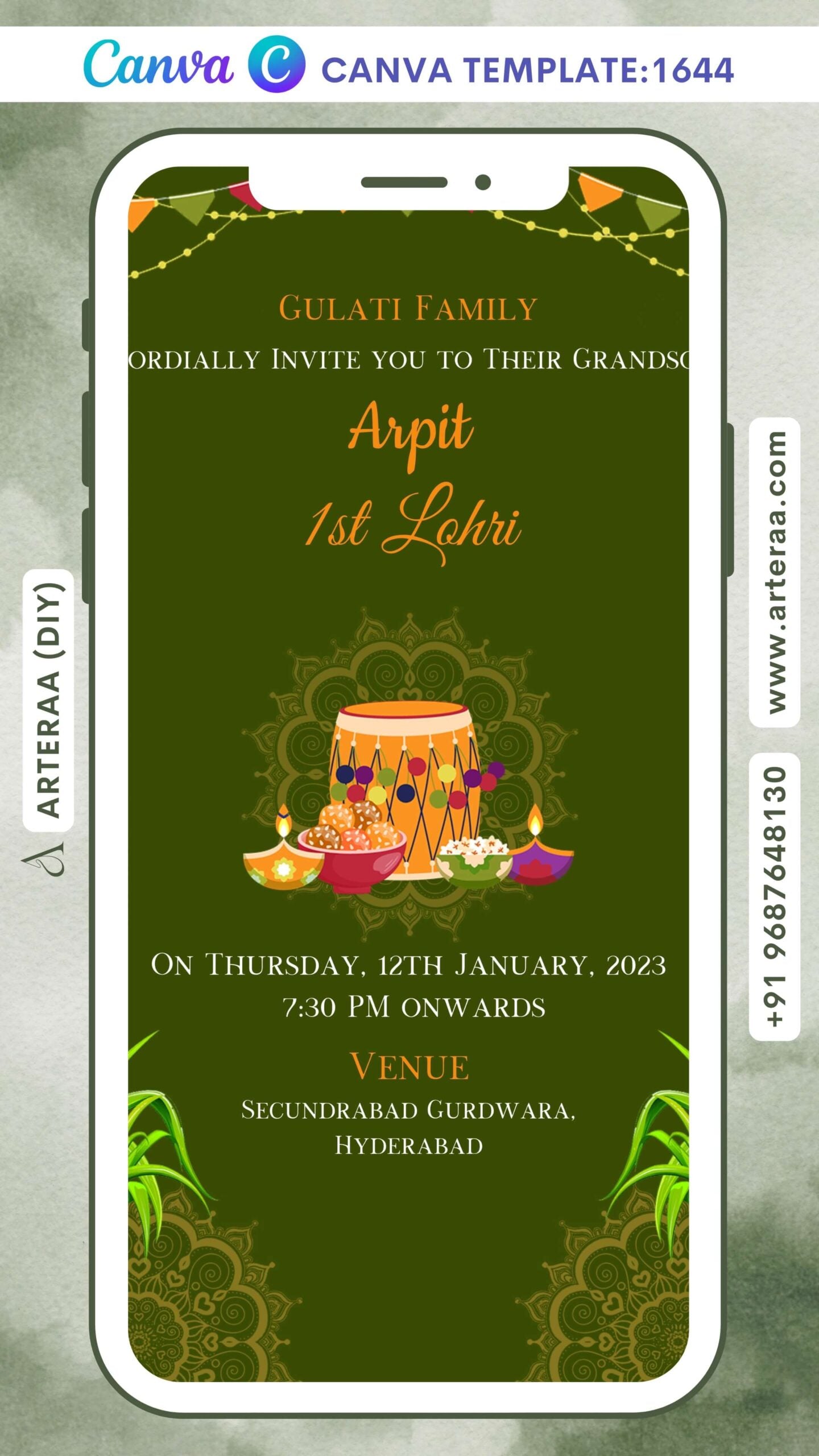 Lohri invitation Canva Editable video Template in english language with string light, diya, tabla, leaves as mandala theme design 1644
