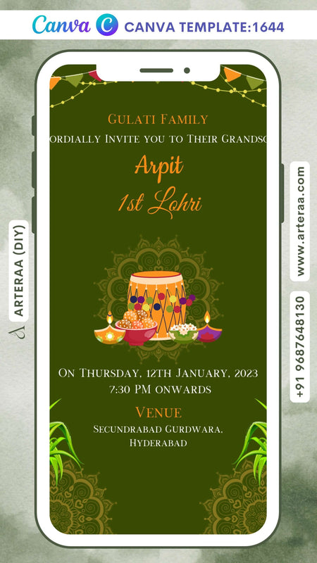 Lohri invitation Canva Editable video Template in english language with string light, diya, tabla, leaves as mandala theme design 1644