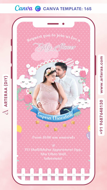 Baby Shower ceremony invitation card Canva Editable Template in english language with cloud, balloon, baby doodle as couple photo theme design 165