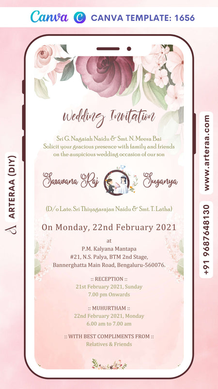 Wedding ceremony invitation card Canva Editable Template of hindu south indian kannada family in english language with artistic flowers theme design 1656