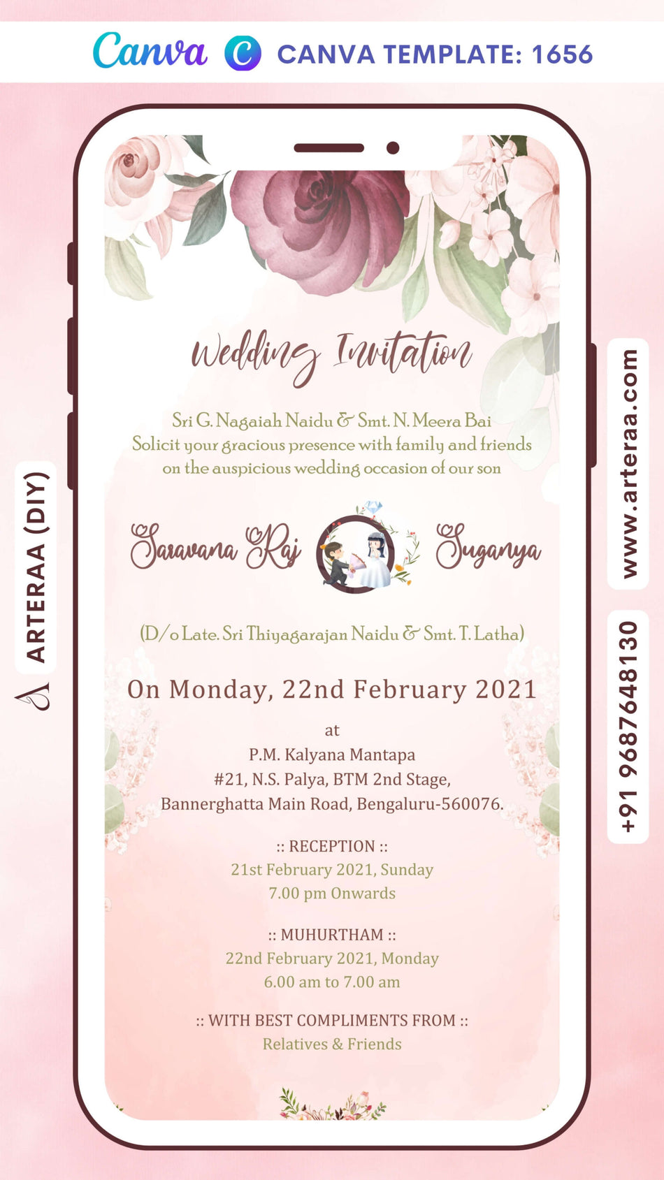 Wedding ceremony invitation card Canva Editable Template of hindu south indian kannada family in english language with artistic flowers theme design 1656