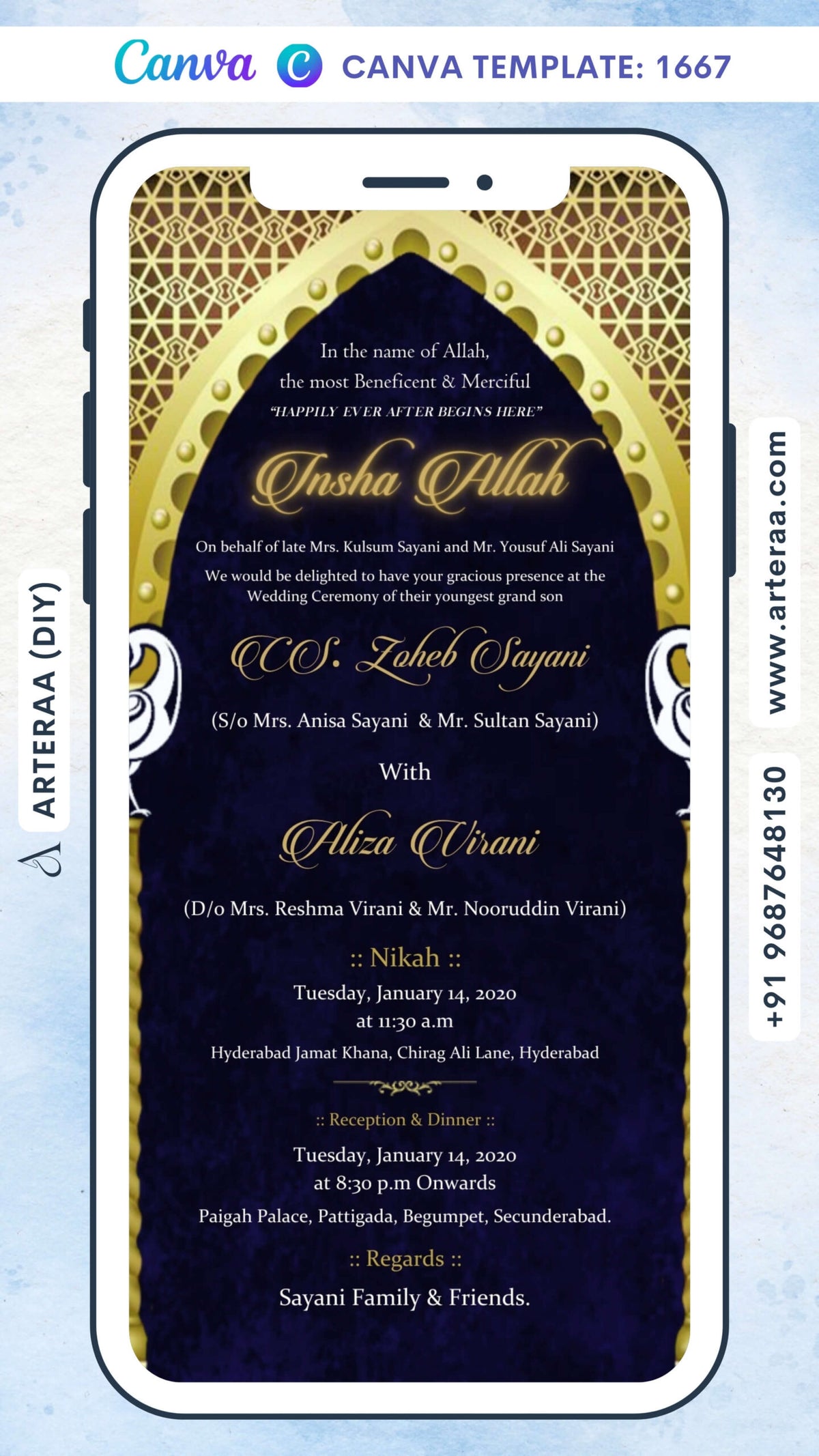 Nikah ceremony invitation card Canva Editable Template of Muslim family in english language with Arch theme design 1667