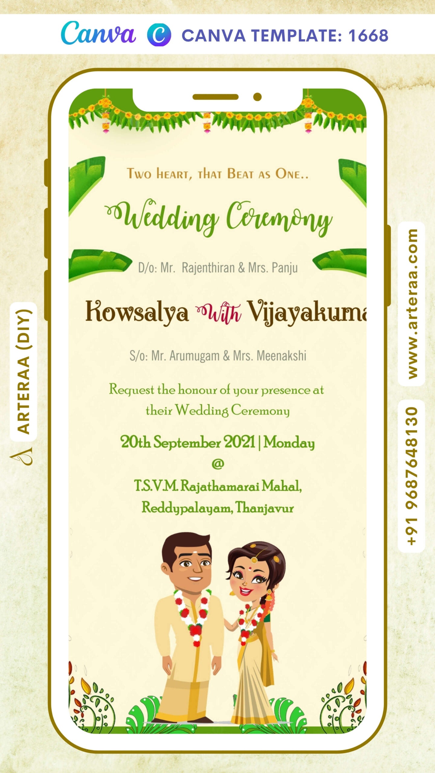 Wedding ceremony invitation card Canva Editable Template of hindu south indian tamil family in english language with floral theme design 1668