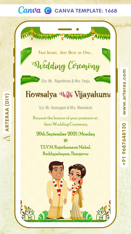Wedding ceremony invitation card Canva Editable Template of hindu south indian tamil family in english language with floral theme design 1668