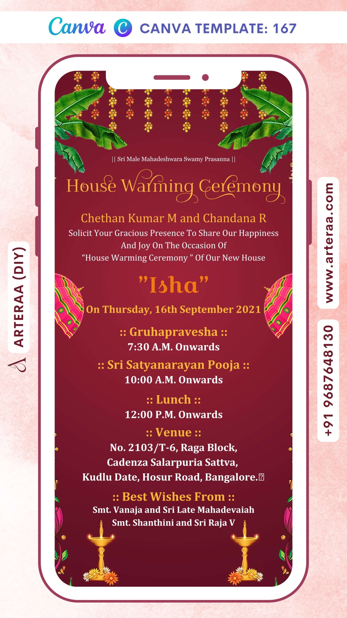 House Warming ceremony invitation card Canva Editable Template in english language with umbrella, diya, lotus as traditional theme design 167