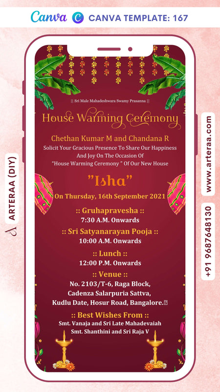House Warming ceremony invitation card Canva Editable Template in english language with umbrella, diya, lotus as traditional theme design 167