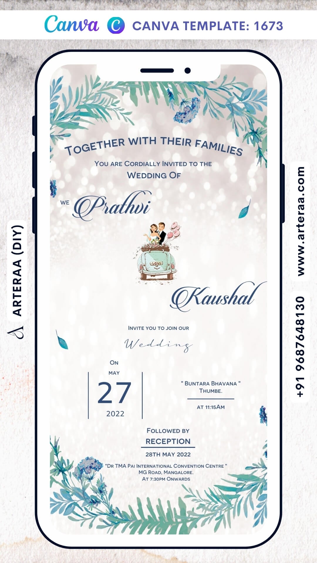 Wedding ceremony invitation card Canva Editable Template of hindu south indian kannada family in english language with artistic leaves theme design 1673