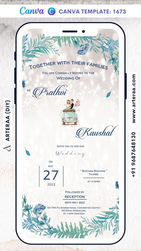 Wedding ceremony invitation card Canva Editable Template of hindu south indian kannada family in english language with artistic leaves theme design 1673