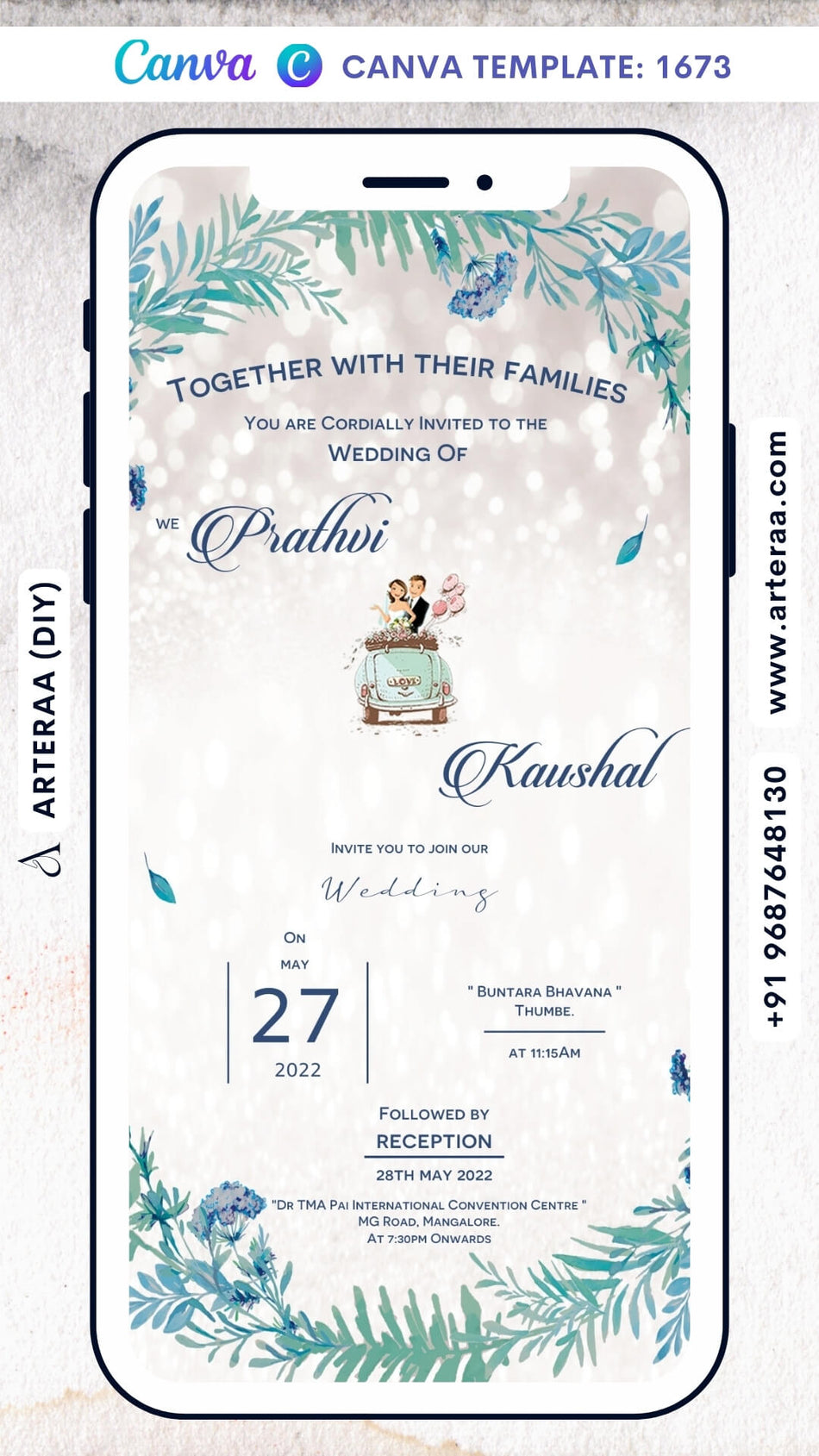 Wedding ceremony invitation card Canva Editable Template of hindu south indian kannada family in english language with artistic leaves theme design 1673