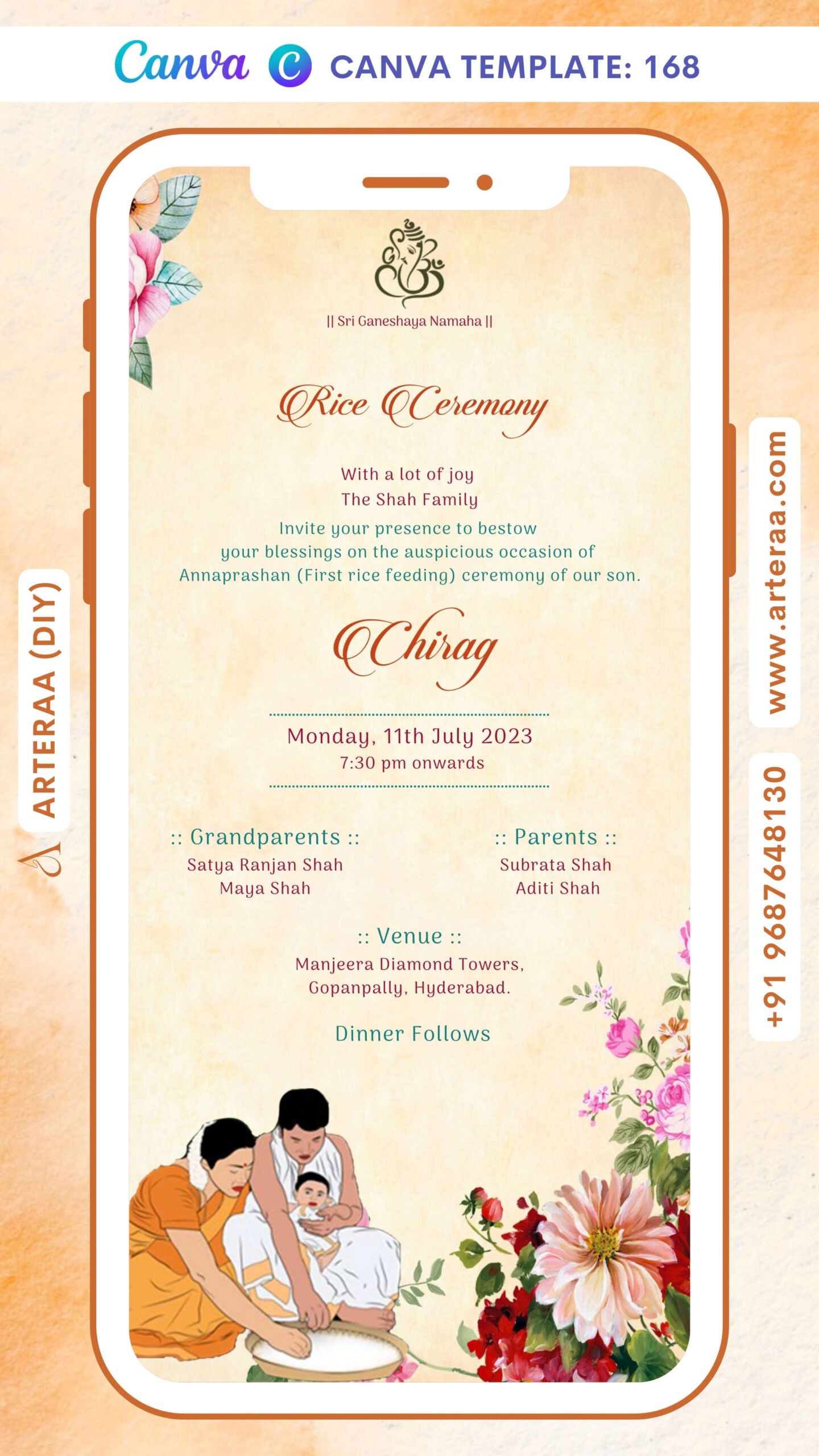 Annaprashan ceremony invitation card Canva Editable Template in english language with flowers as floral theme design 168
