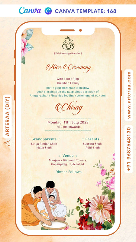 Annaprashan ceremony invitation card Canva Editable Template in english language with flowers as floral theme design 168