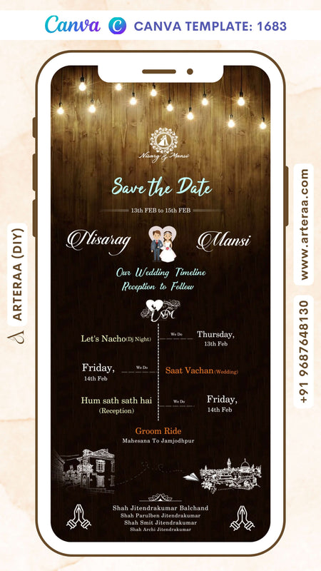 Wedding ceremony invitation card Canva Editable Template of hindu gujarati jain family in english language with timeline theme design 1683