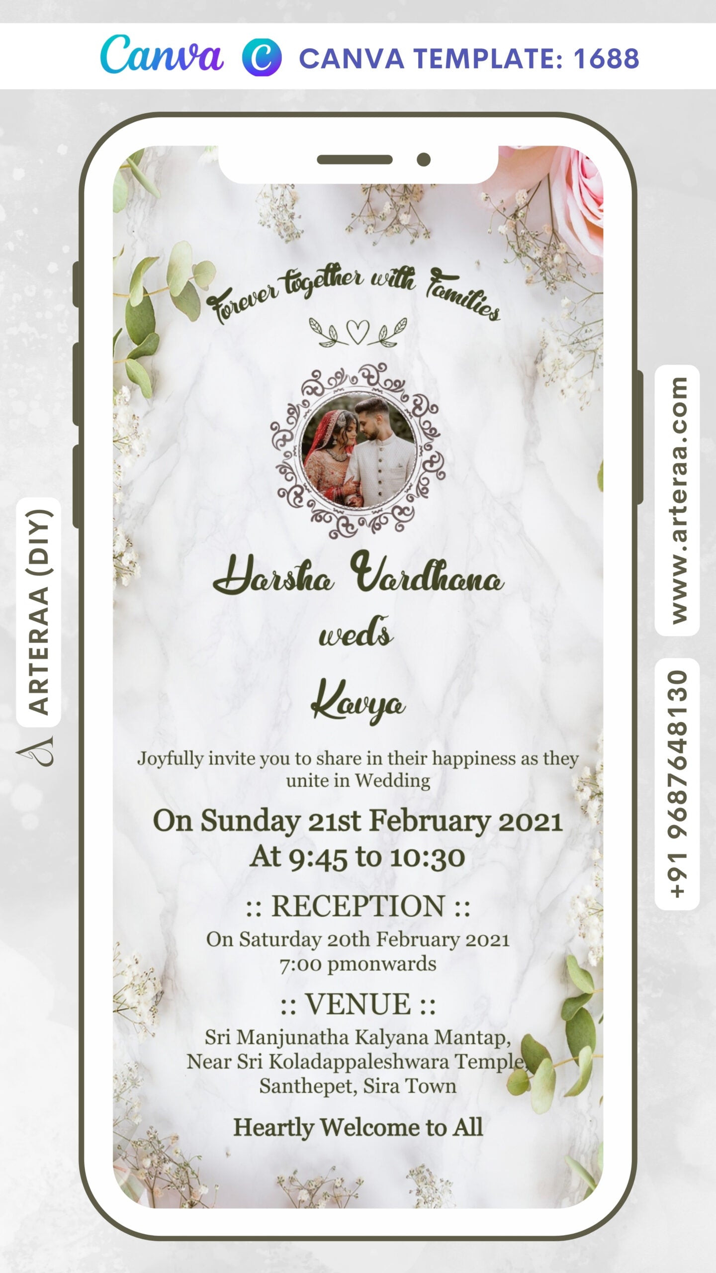 Wedding ceremony invitation card Canva Editable Template of hindu south indian kannada family in english language with floral theme design 1688