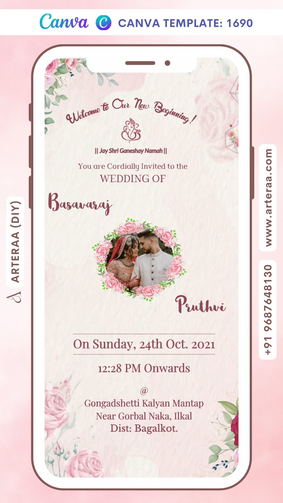 Wedding ceremony invitation card Canva Editable Template of hindu south indian kannada family in english language with couple photo floral theme design 1690