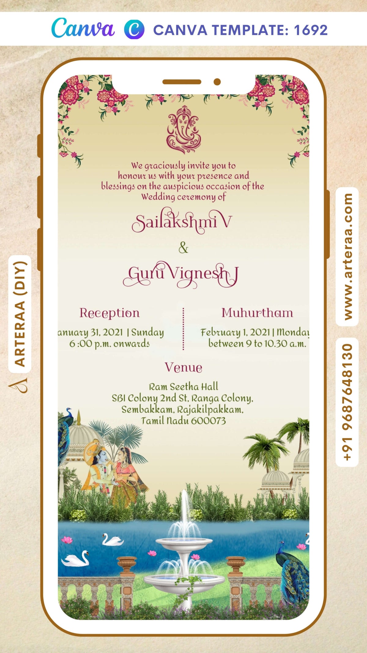 Wedding ceremony invitation card Canva Editable Template of hindu south indian tamil family in english language with garden theme design 1692