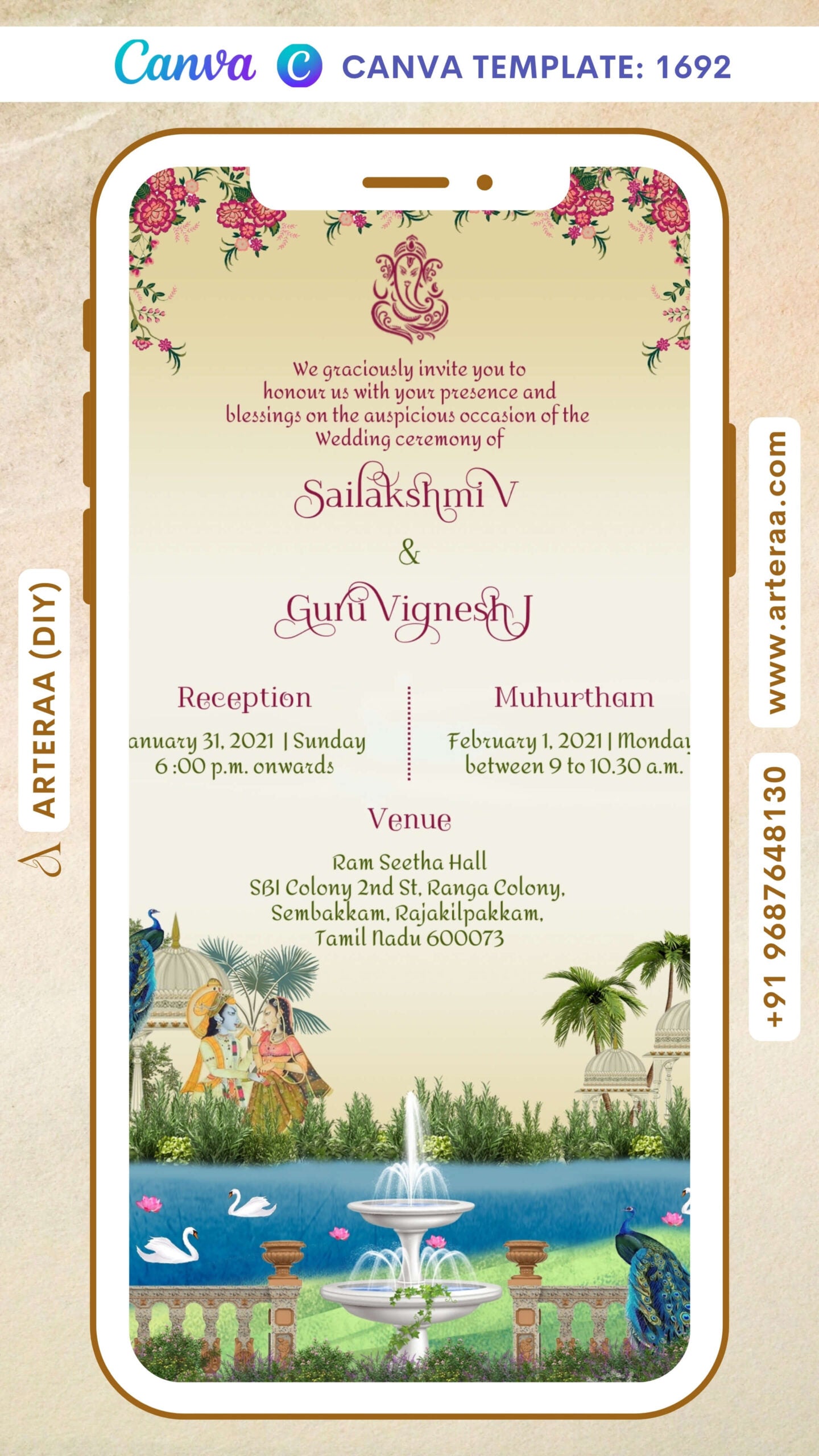 Wedding ceremony invitation card Canva Editable Template of hindu south indian tamil family in english language with garden theme design 1692