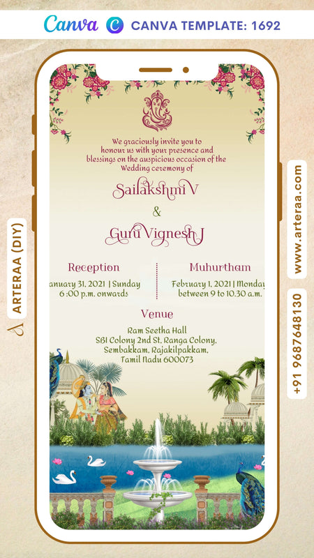 Wedding ceremony invitation card Canva Editable Template of hindu south indian tamil family in english language with garden theme design 1692