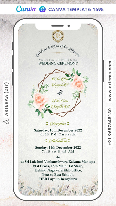 Wedding ceremony invitation card of hindu south indian kannada family in english language with minimalistic theme Canva Editable Template design 1698