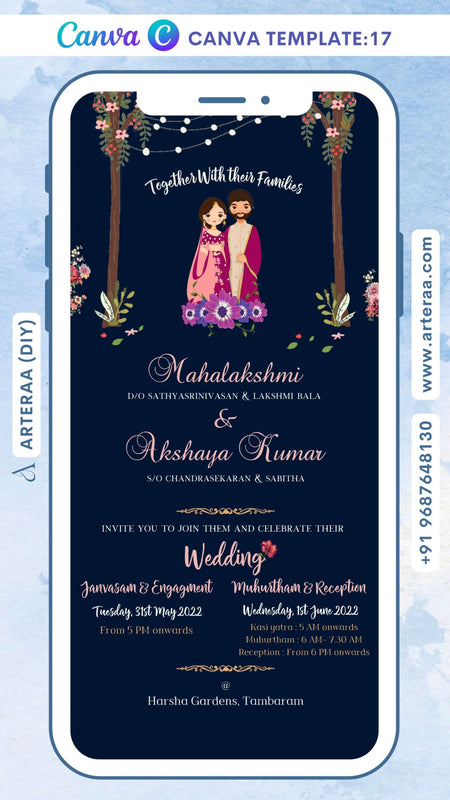 Wedding invitation card Canva Editable Template of hindu rajasthani rajput family in english language with Floral theme design 17