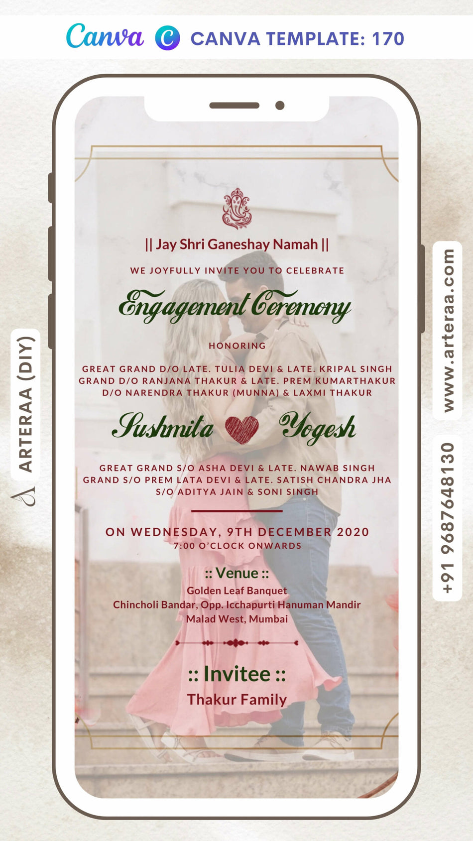 Engagement ceremony invitation card Canva Editable Template in english language with couple photo, frame as floral theme design 170