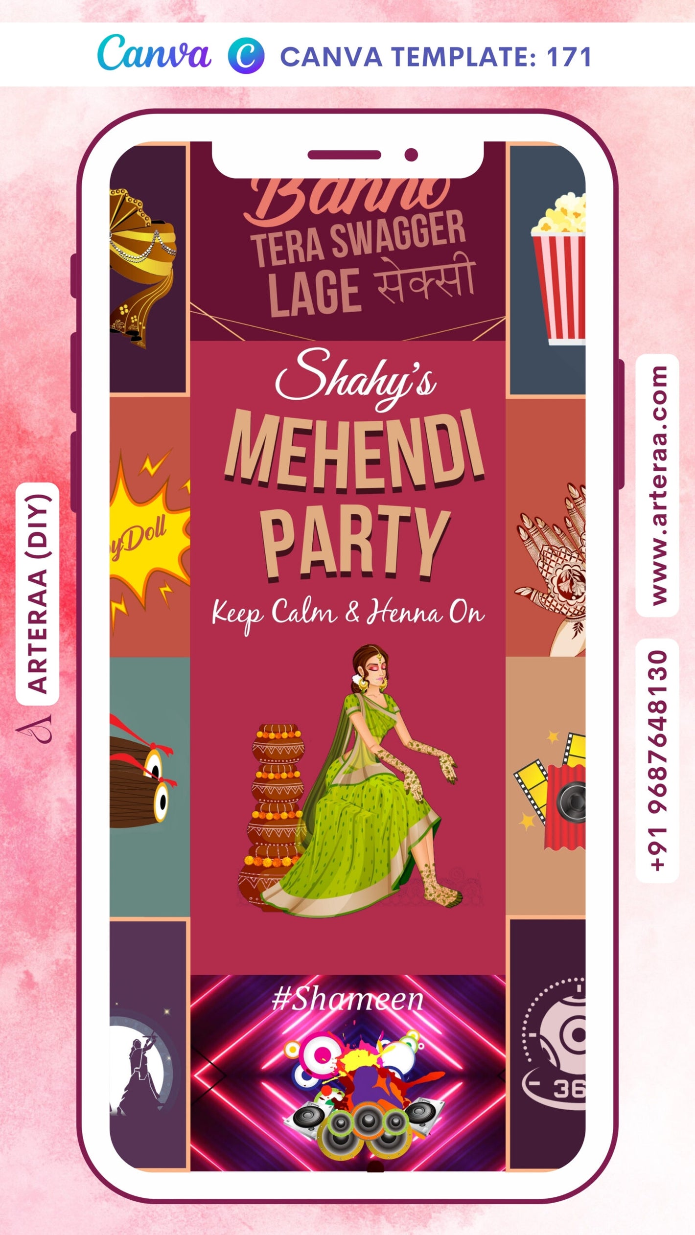 Mehendi ceremony invitation card Canva Editable Template in english language with pot, doodle, popcorn as bollywood theme design 171