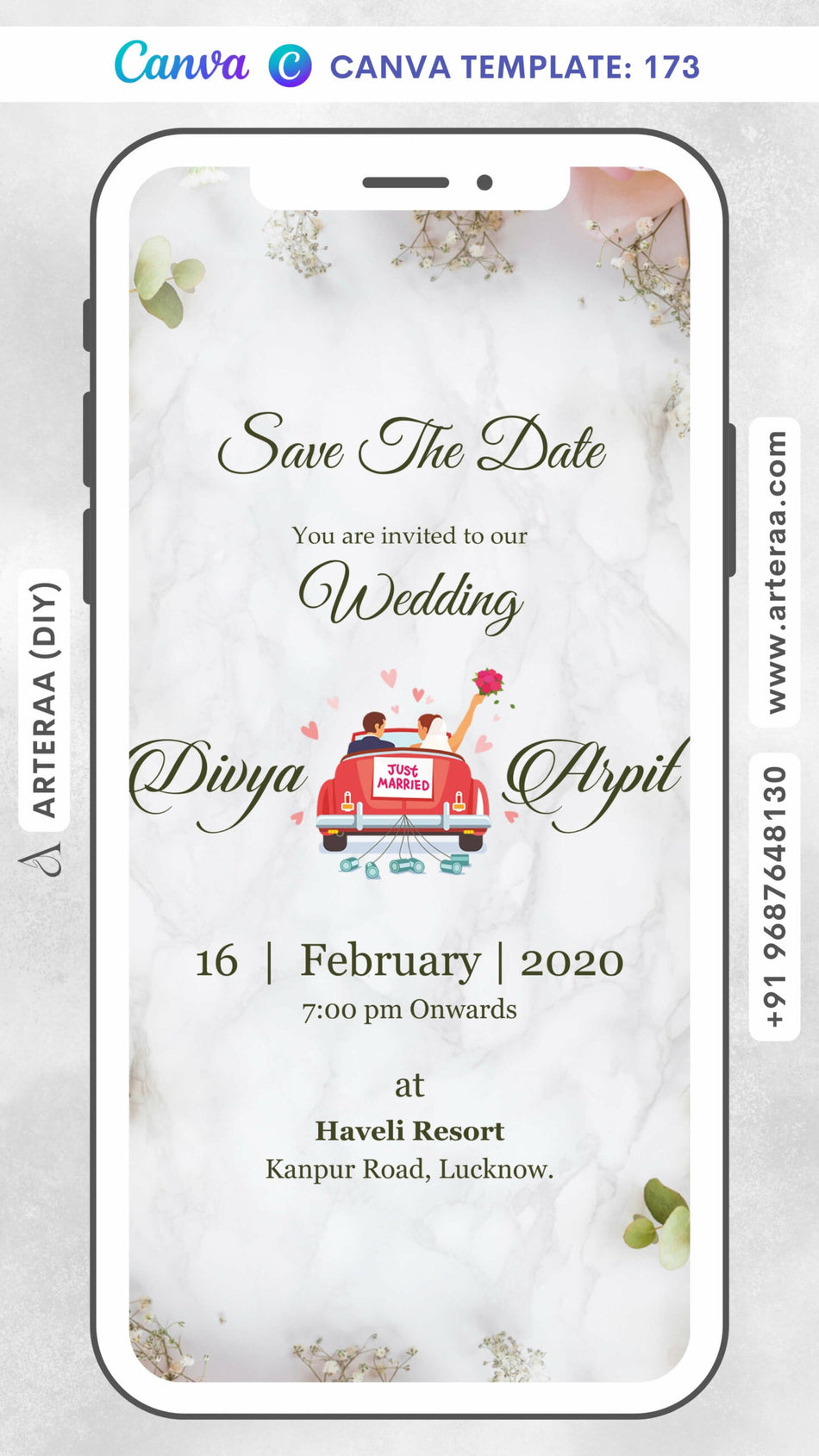 Wedding ceremony invitation card Canva Editable Template of hindu north indian bhojpuri family in english language with Floral theme design 173