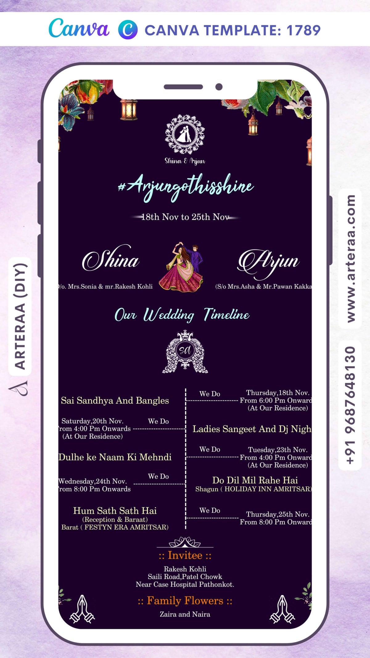 Wedding Timeline ceremony invitation card Canva Editable Template in english language with minimalistic theme design 1789