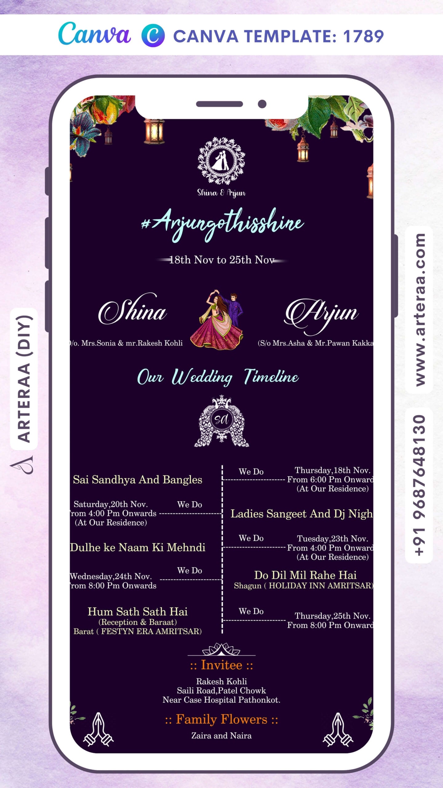 Wedding Timeline ceremony invitation card Canva Editable Template in english language with minimalistic theme design 1789