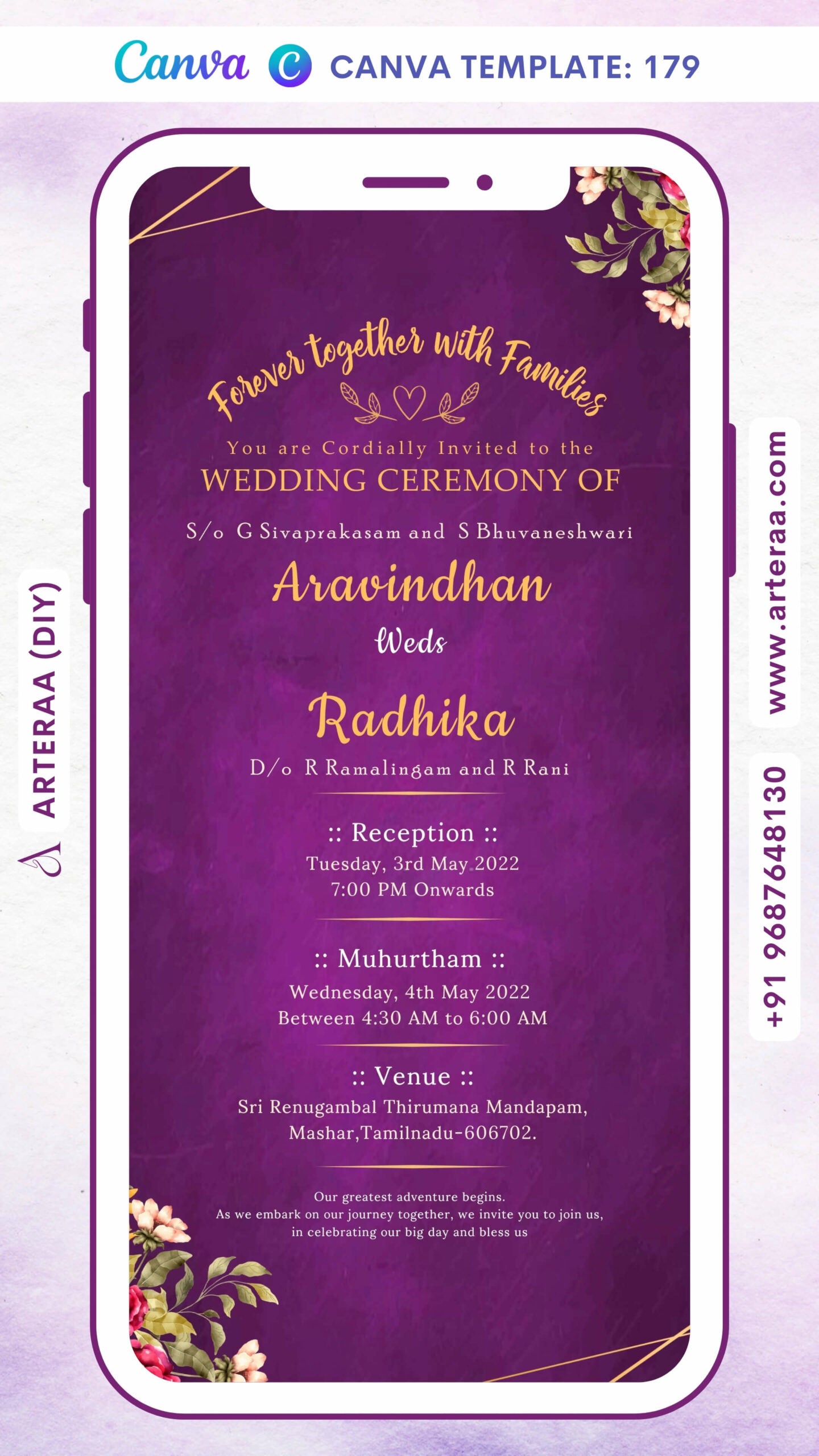 Digital Wedding and Reception Ceremony Invitation Of South Indian Family In English Language With Floral Theme Canva Editable Template design no - 179