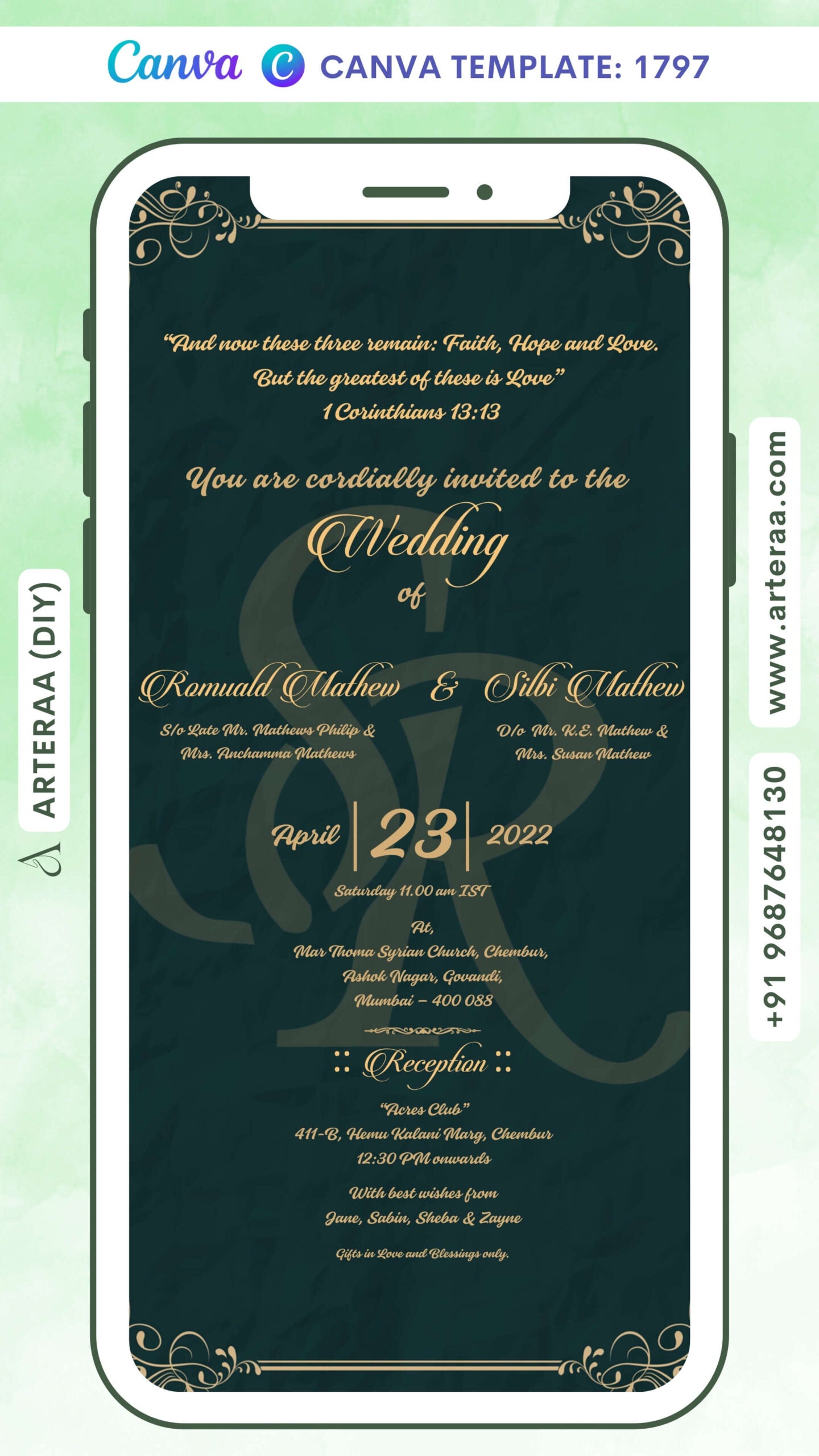 Wedding ceremony invitation card Canva Editable Template of hindu maharashtrian marathi family in english language with minimalistic theme design 1797