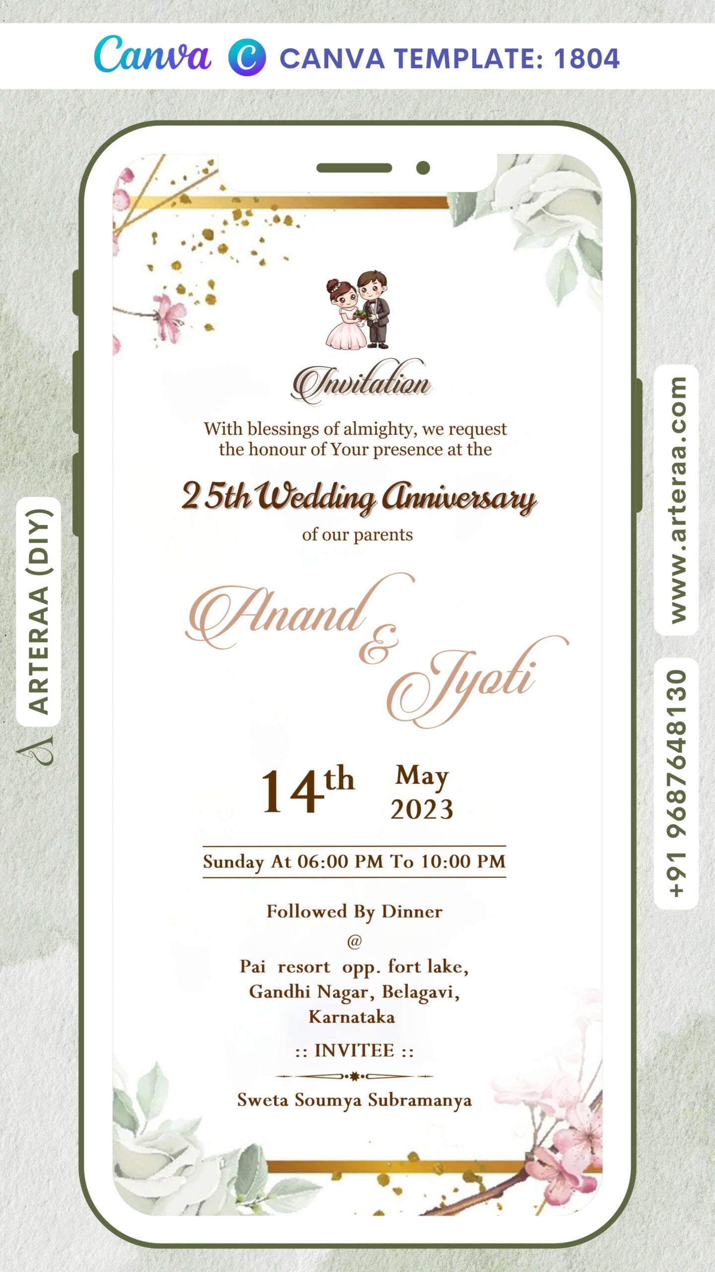 25th Wedding Anniversary invitation card Canva Editable Template in English language with frame, stylish couple doodle as floral theme design 1804