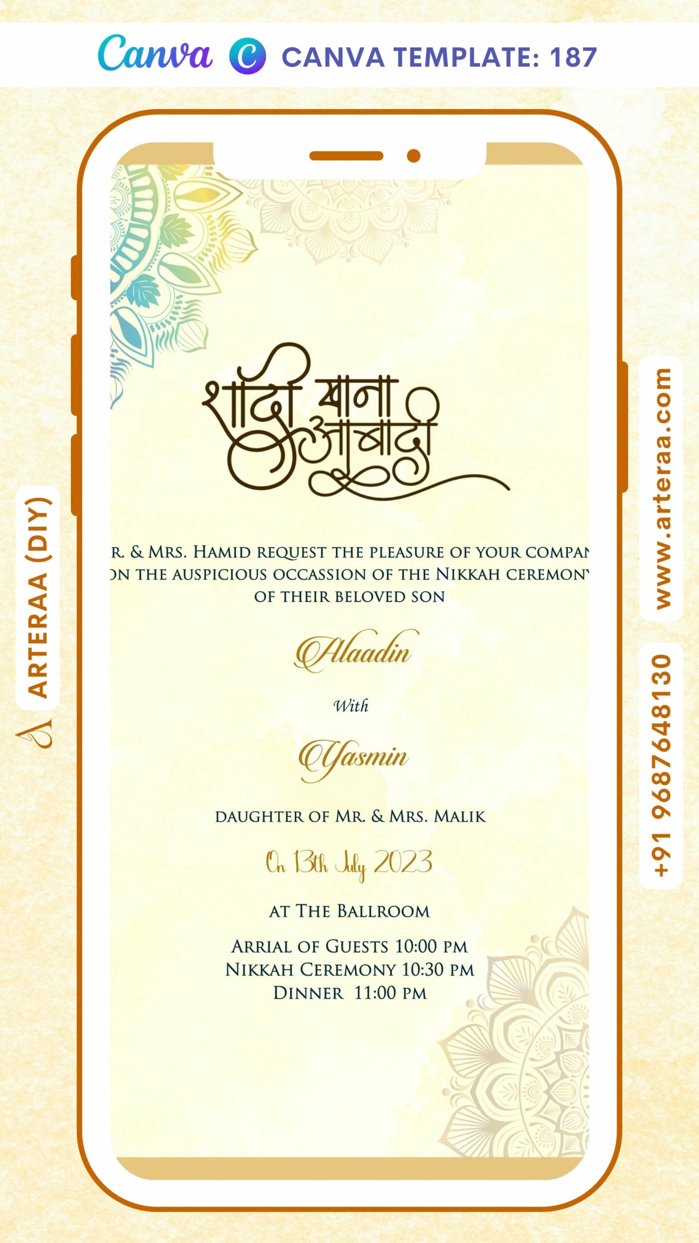 Nikah ceremony invitation card Canva Editable Template of Muslim family in english language with Mandala theme design 187