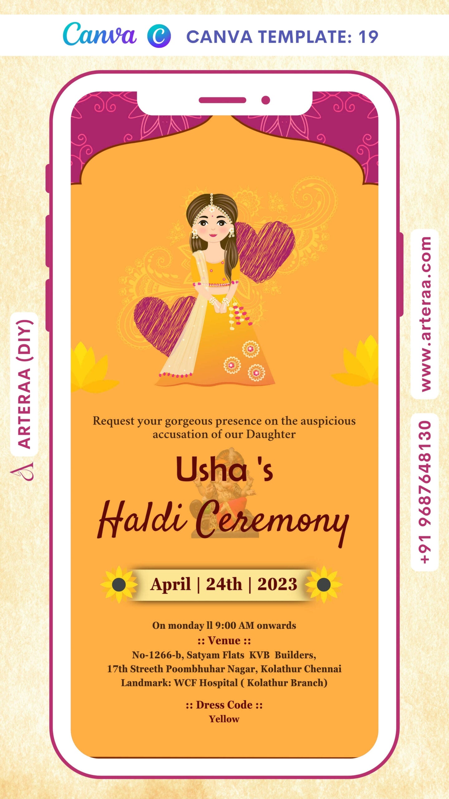 Haldi ceremony invitation card Canva Editable Template in english language with girl doodle, flowers as arch theme design 19
