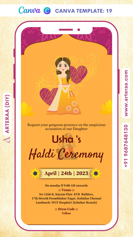 Haldi ceremony invitation card Canva Editable Template in english language with girl doodle, flowers as arch theme design 19