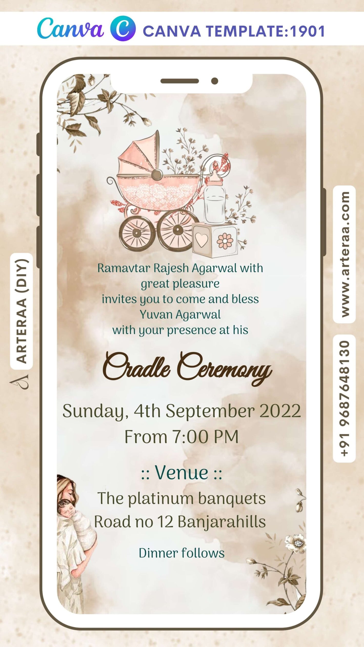 Cradle ceremony invitation Canva Editable video Template for baby boy in english language with cradle, flowers as floral theme design 1901
