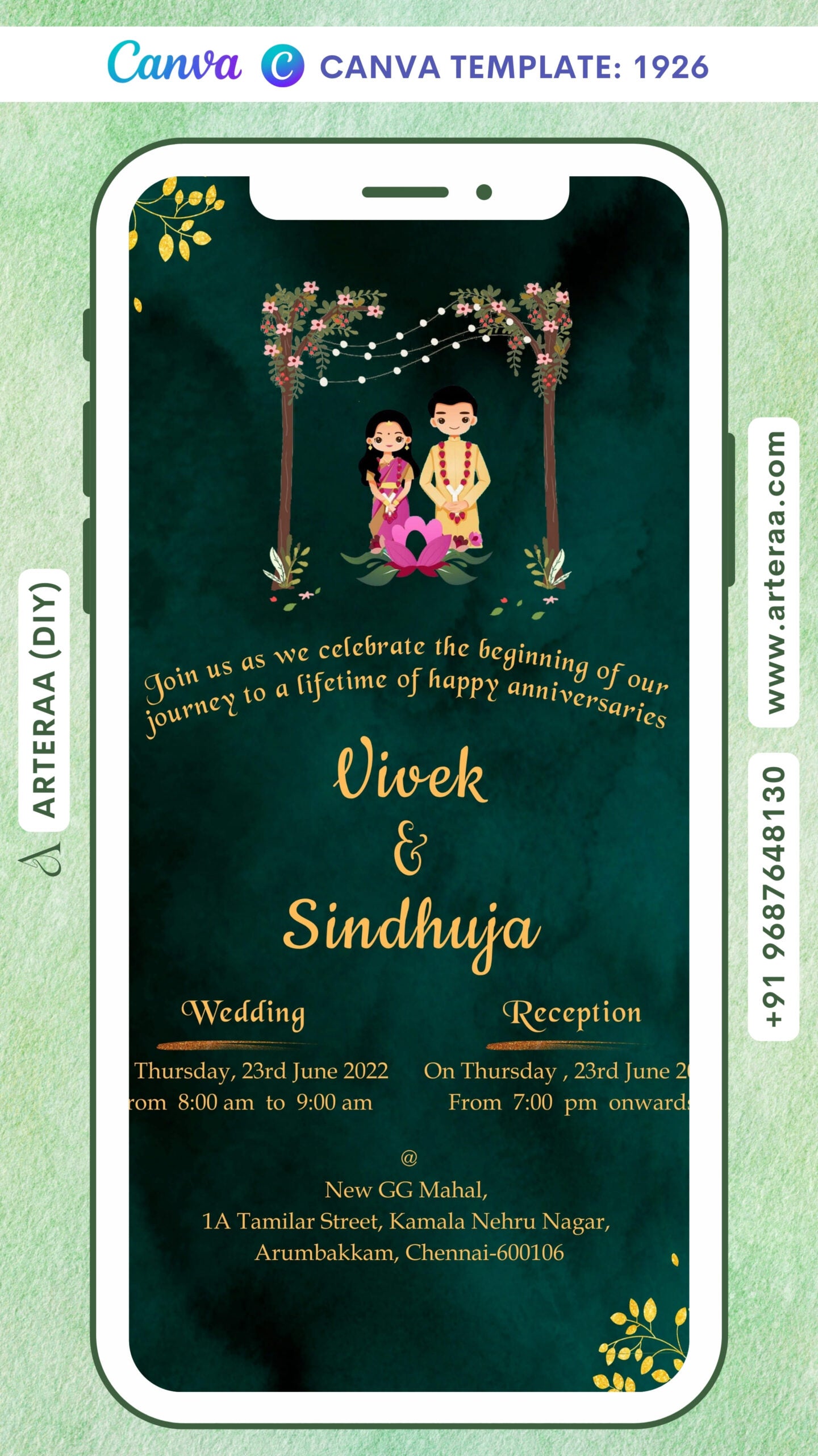 Wedding ceremony invitation card Canva Editable Template of hindu south indian tamil family in english language with minimalistic theme design 1926