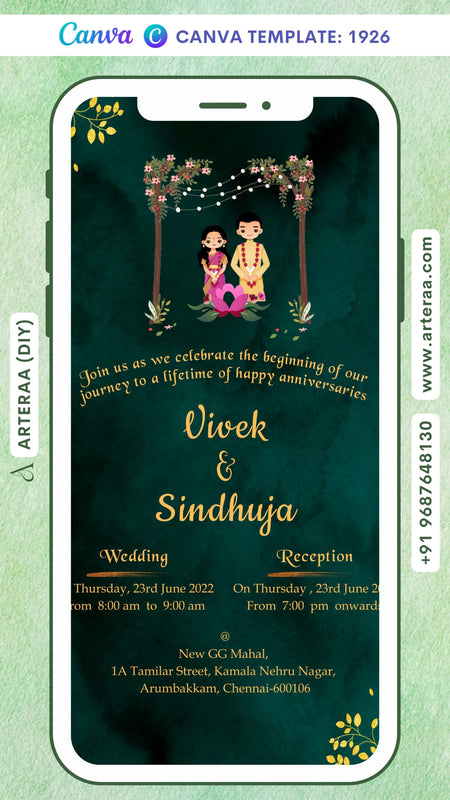 Wedding ceremony invitation card Canva Editable Template of hindu south indian tamil family in english language with minimalistic theme design 1926