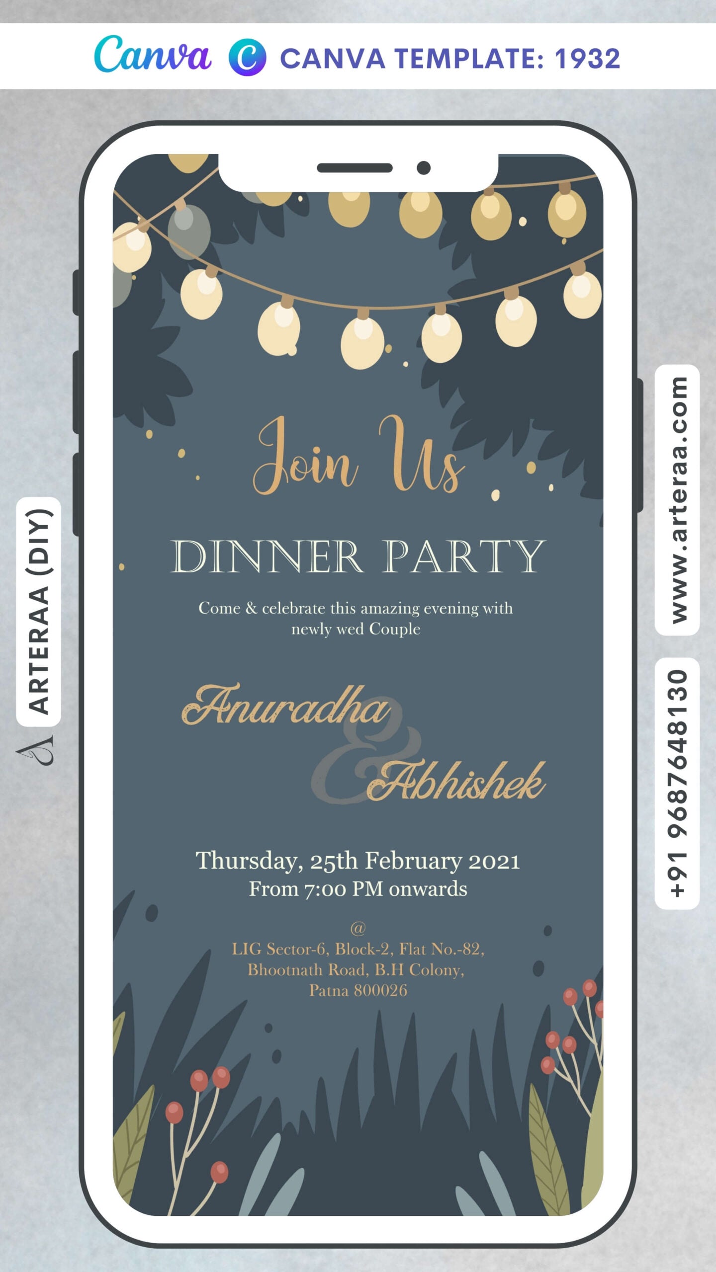 Dinner Party invitation card Canva Editable Template in english language with string lights as artistic leaves theme design 1932