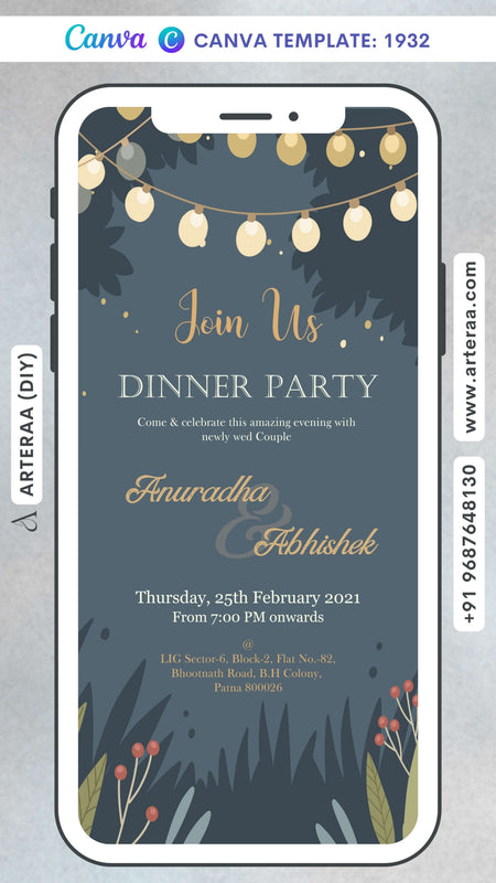 Dinner Party invitation card Canva Editable Template in english language with string lights as artistic leaves theme design 1932