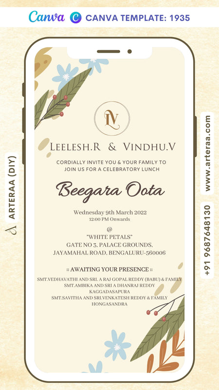 Beegara oota invitation card Canva Editable Template in english language with couple logo, leaves as minimalistic theme design 1935