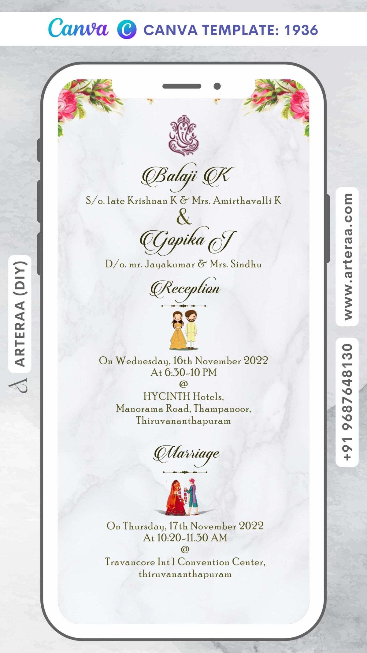 Wedding ceremony invitation card Canva Editable Template of hindu south indian malayali family in english language with minimalistic theme design 1936