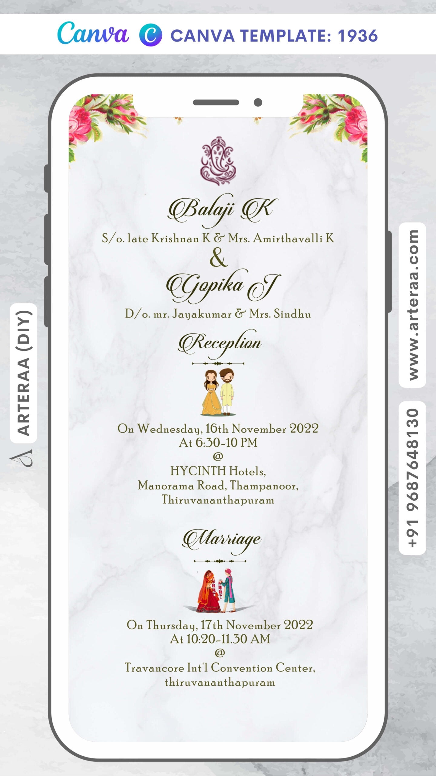 Wedding ceremony invitation card Canva Editable Template of hindu south indian malayali family in english language with minimalistic theme design 1936