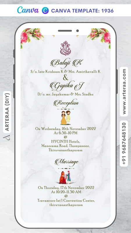 Wedding ceremony invitation card Canva Editable Template of hindu south indian malayali family in english language with minimalistic theme design 1936
