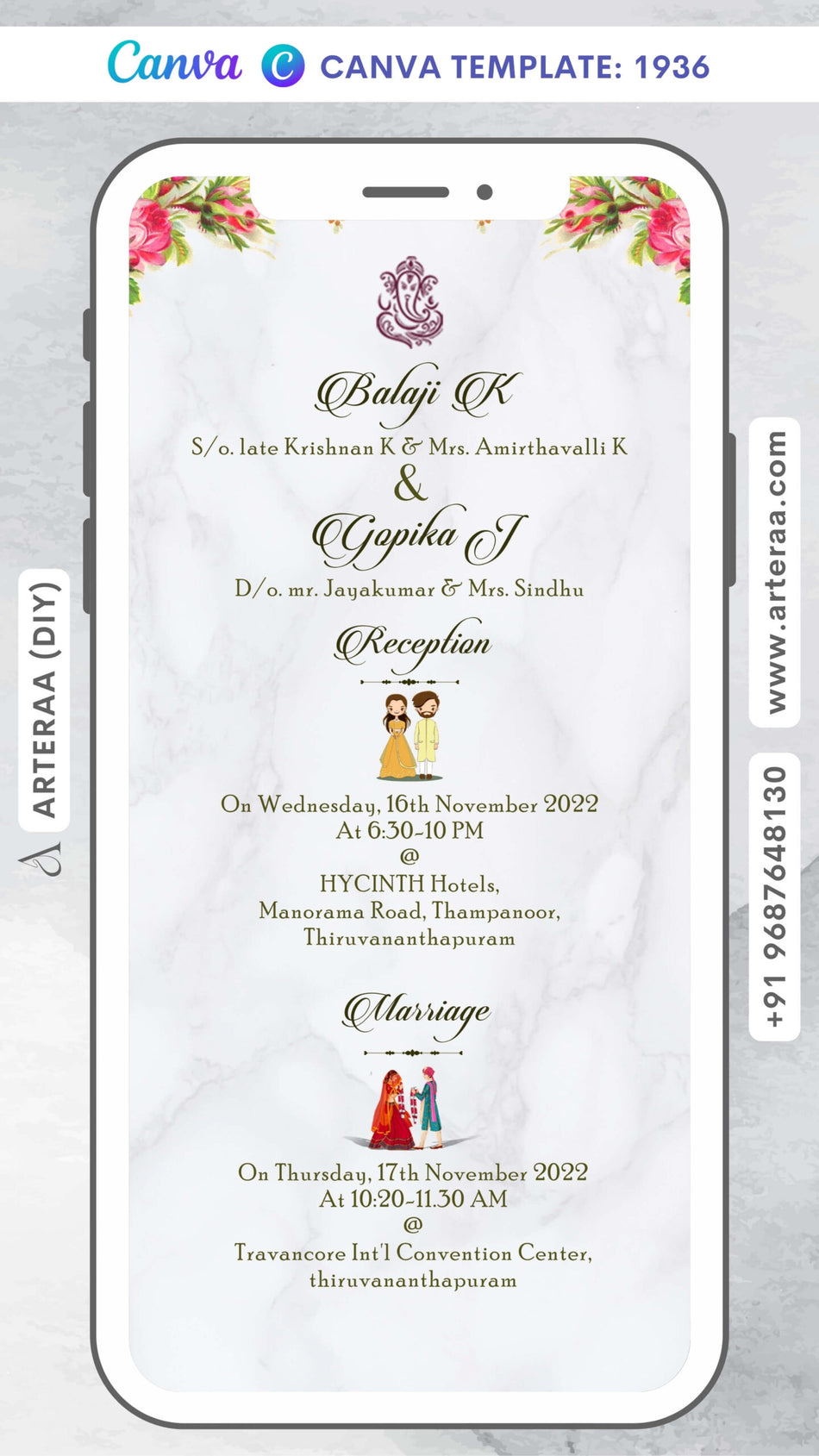 Wedding ceremony invitation card Canva Editable Template of hindu south indian malayali family in english language with minimalistic theme design 1936